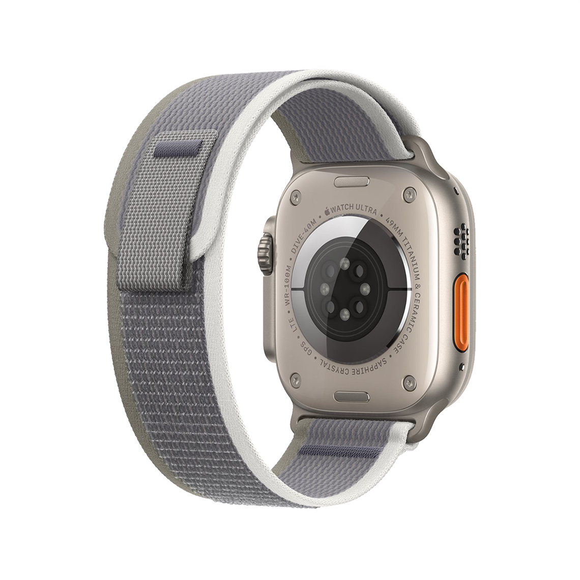 Apple Watch Ultra 2 Titanium with Green Gray Trail Loop rear view