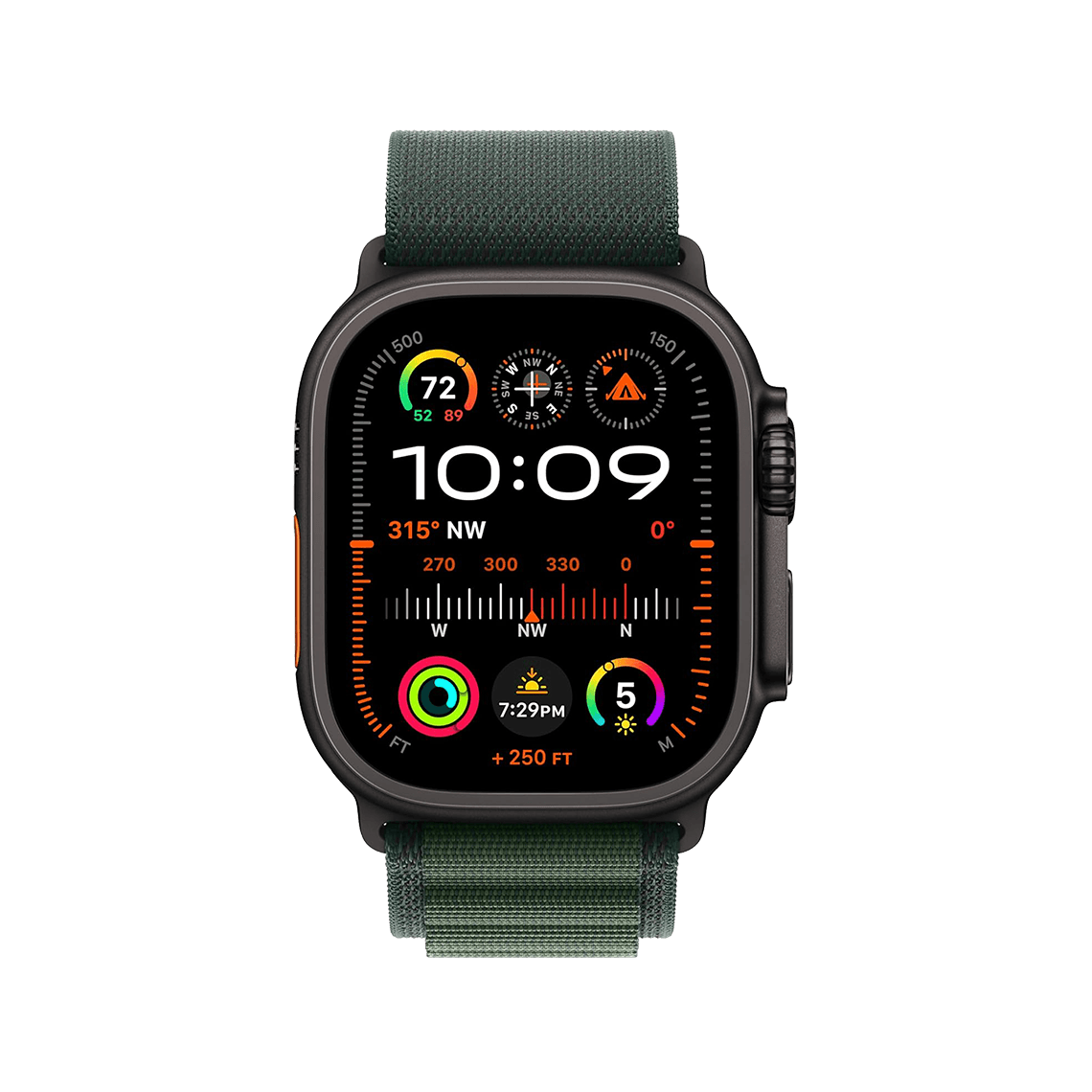 Apple Watch Ultra 2 Black Titanium with Dark Green Alpine Loop front view