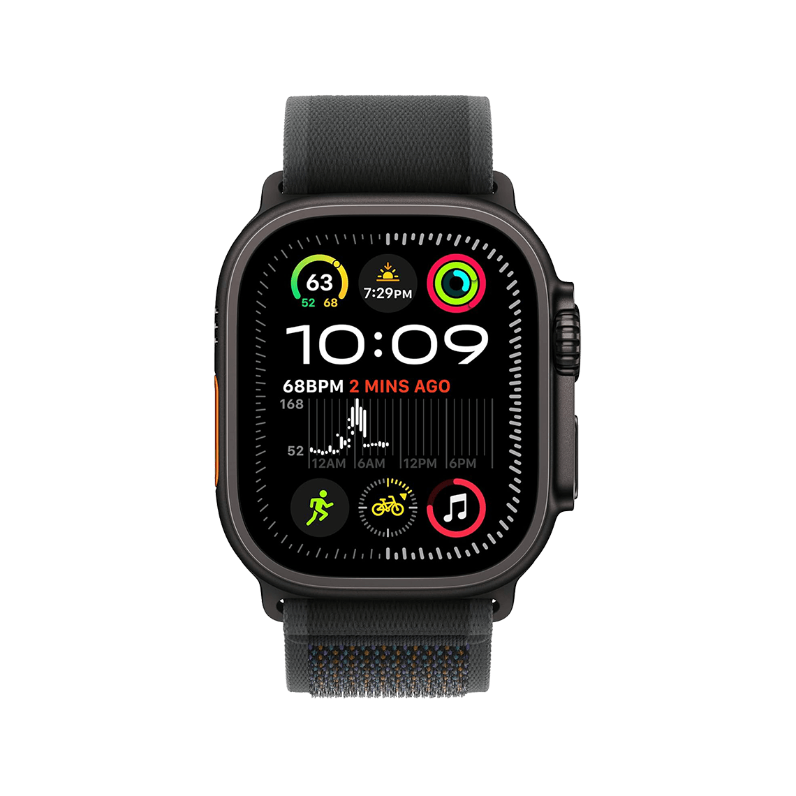 Apple Watch Ultra 2 Black Titanium with Black Trail Loop front view