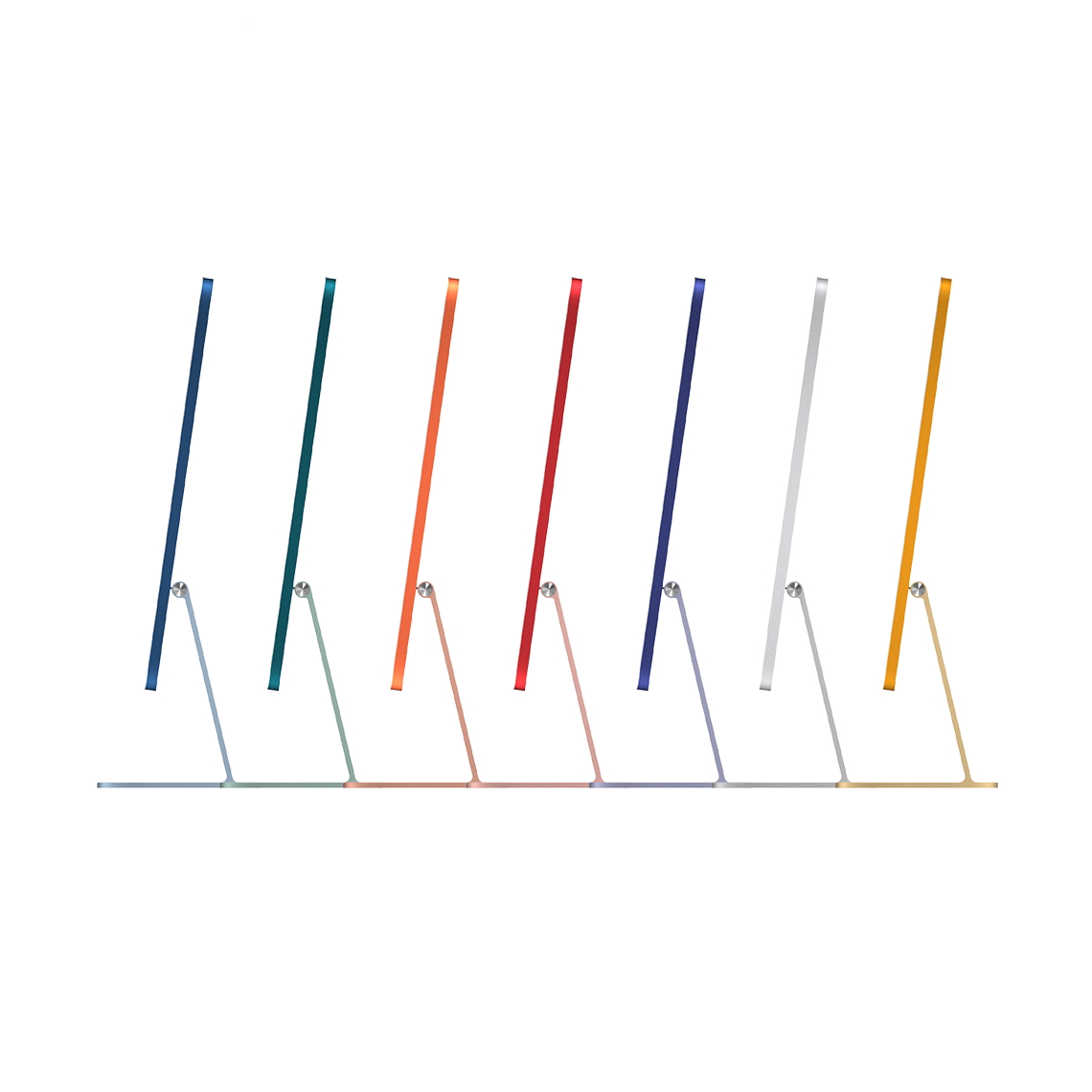 Apple 24-inch iMac M3 side view showing the blue, green, orange, pink, purple, silver and yellow colors