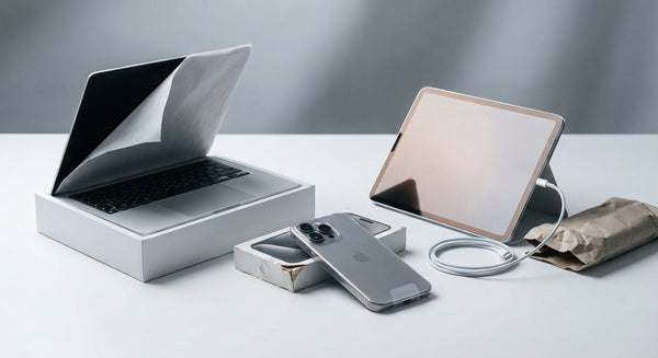 Three Apple devices — a MacBook, iPhone, and iPad — arranged on a clean white surface in varying stages of unboxing, photographed in soft studio lighting with a minimal, editorial aesthetic.