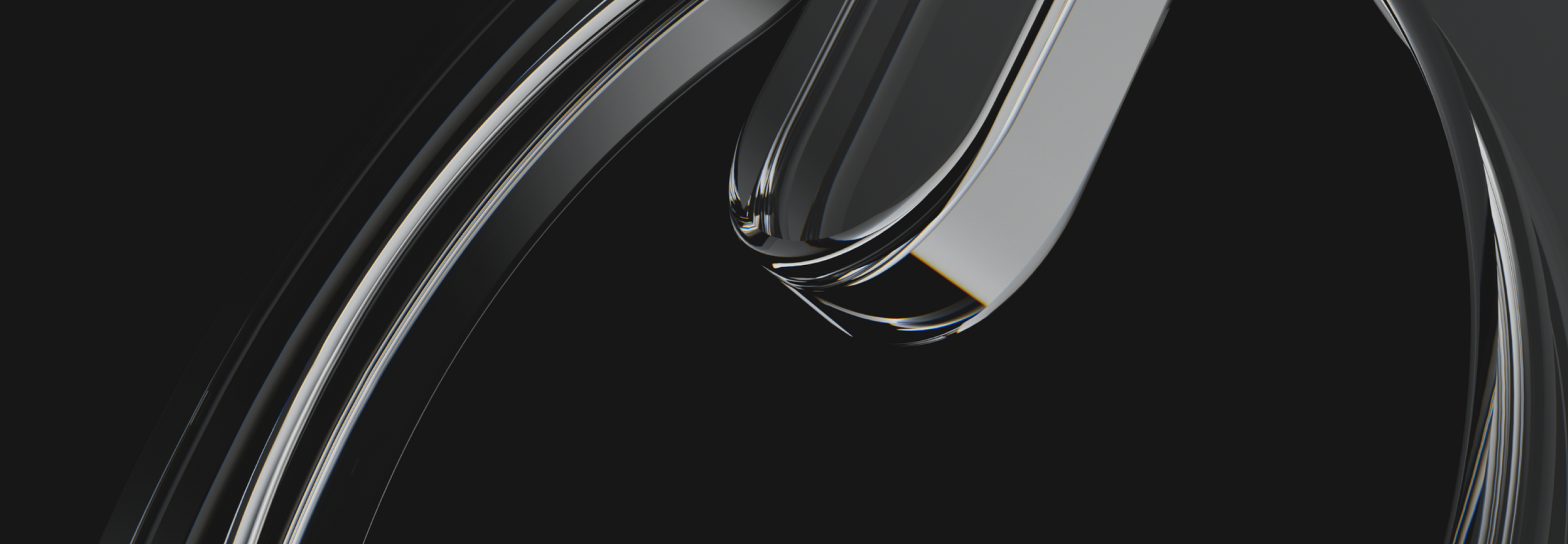 Abstract 3D rendering featuring sleek, curved, glass-like shapes with glossy silver reflections against a dark background.