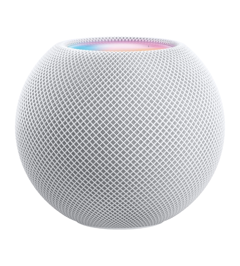 White spherical Apple HomePod mini smart speaker with mesh fabric exterior and colorful LED light ring at top