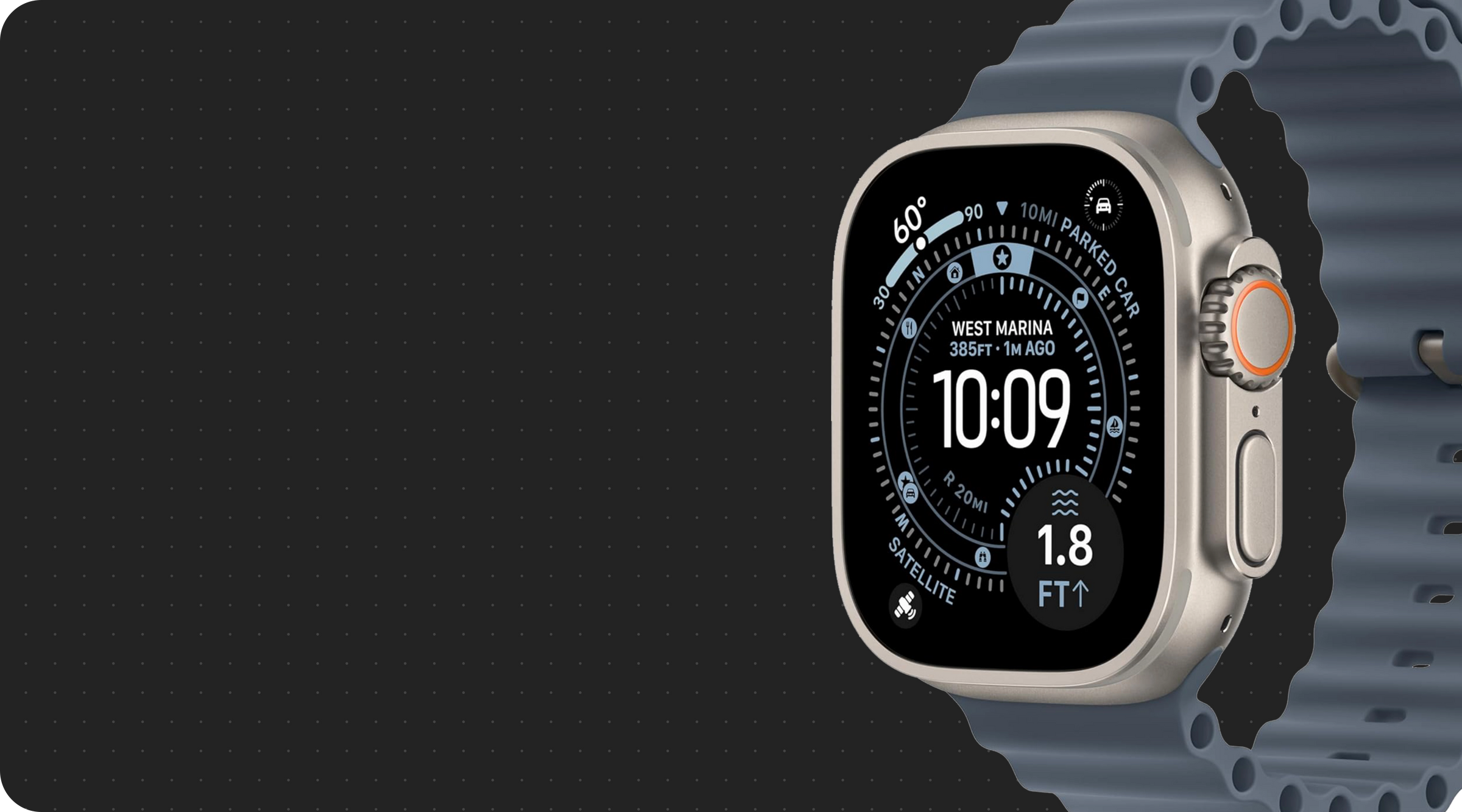 Apple Watch Ultra with rugged gray sport band displaying navigation interface showing "WEST MARINA 385FT 1M AGO" and time 10:09 against dark background