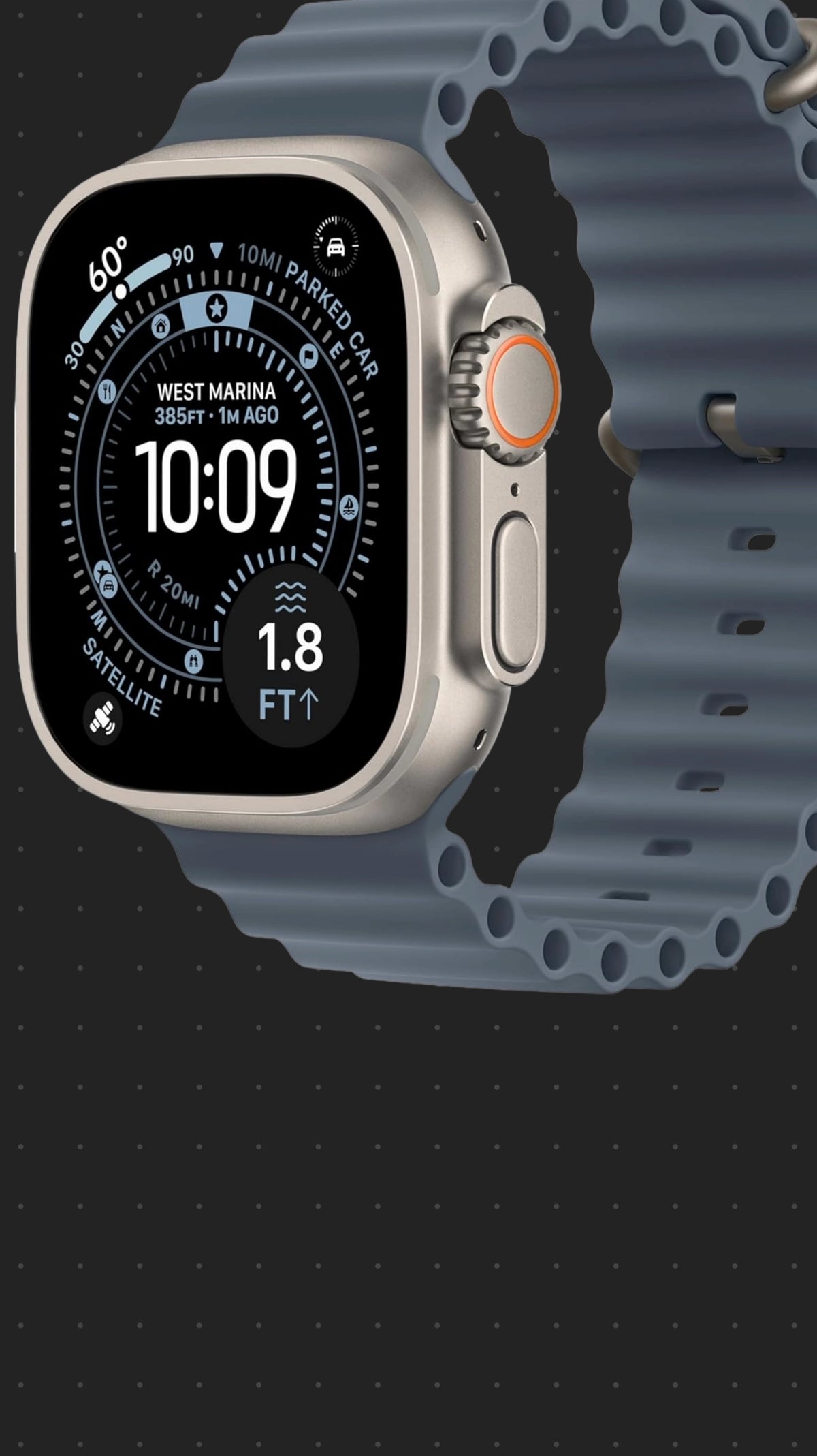 Apple Watch Ultra with gray sport band displaying depth gauge showing 1.8 FT, time 10:09, location "WEST MARINA 385FT 1M AGO" on black starry background