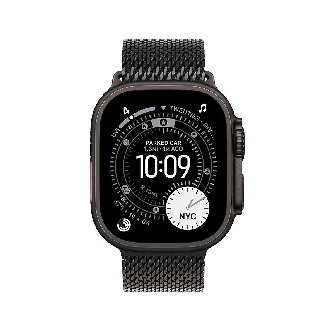 Apple Watch Ultra 2 Black Titanium with Black Titanium Milanese Loop front view
