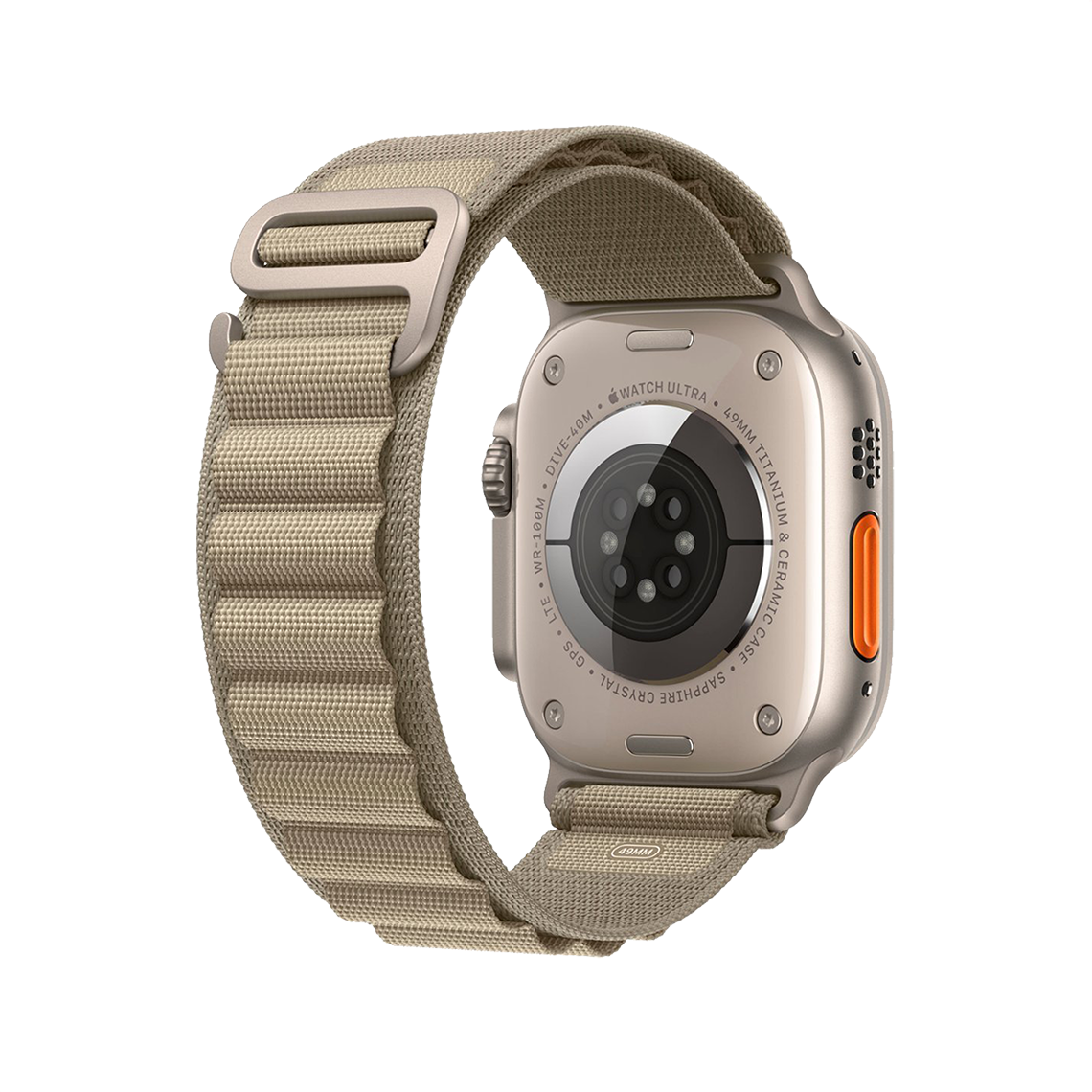 Apple Watch Ultra 2 Titanium with Olive Alpine Loop rear view