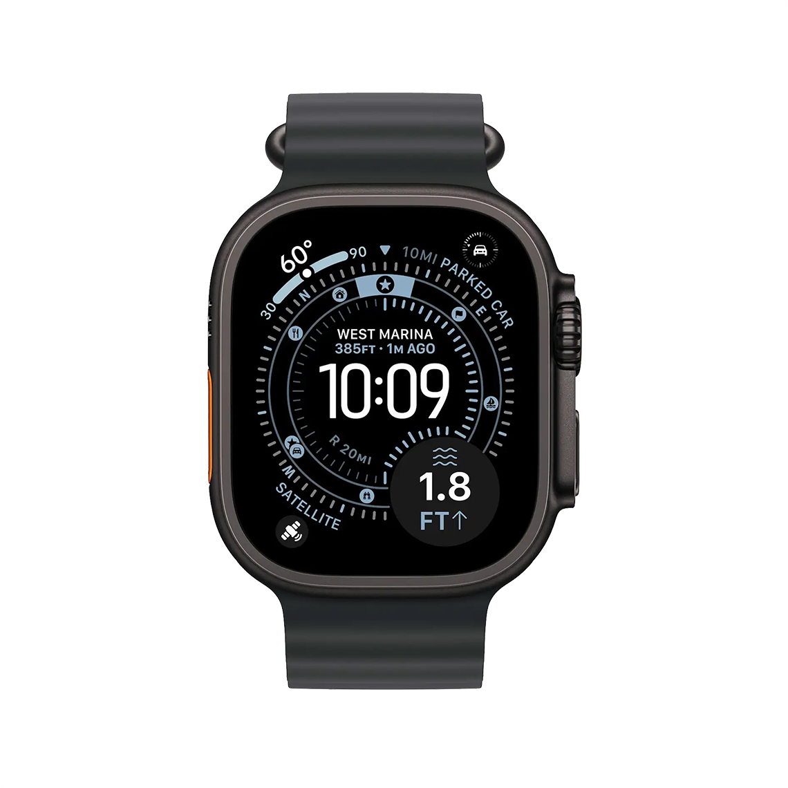 Apple Watch Ultra 2 Black Titanium with Black Ocean Band front view