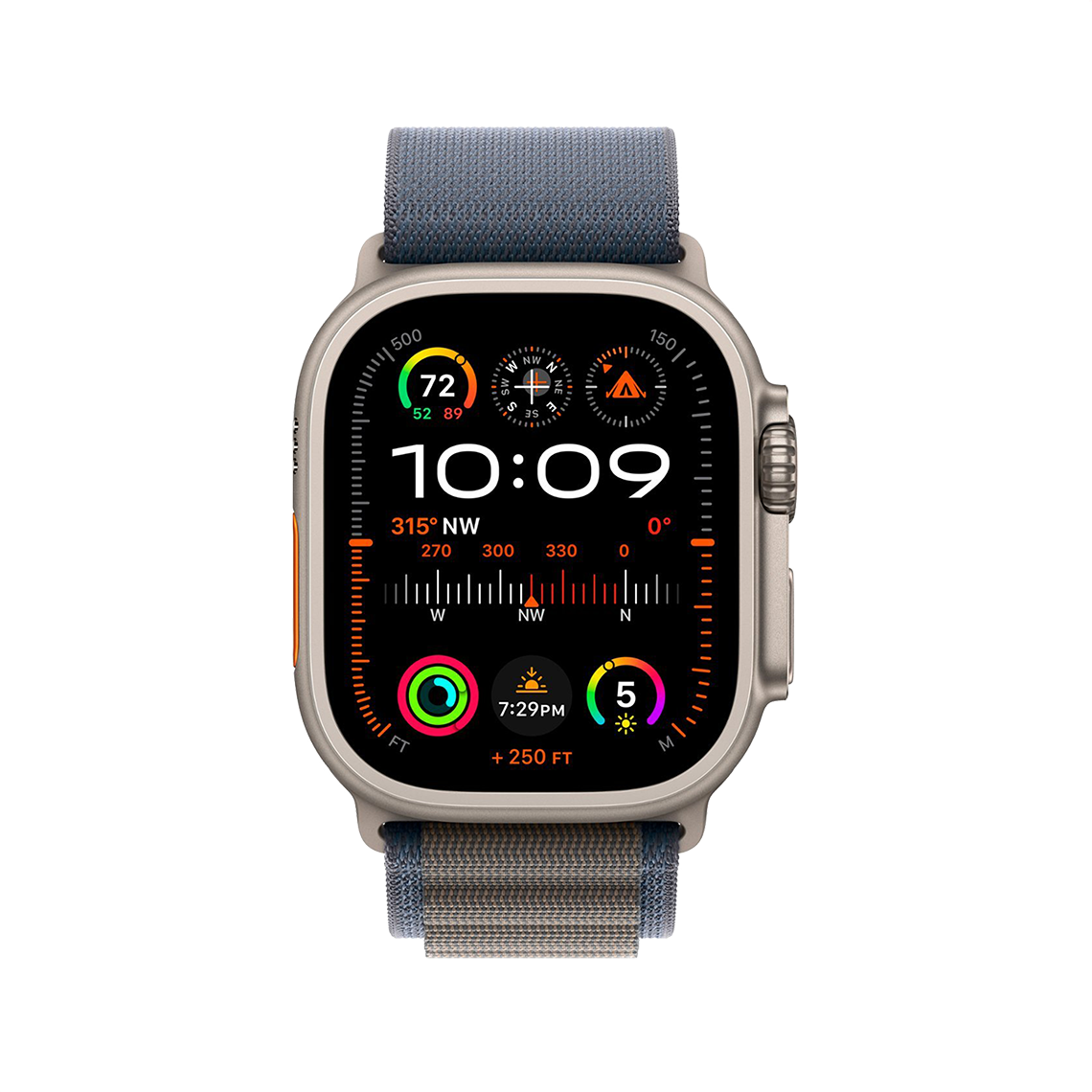 Apple Watch Ultra 2 Titanium with Blue Alpine Loop front view