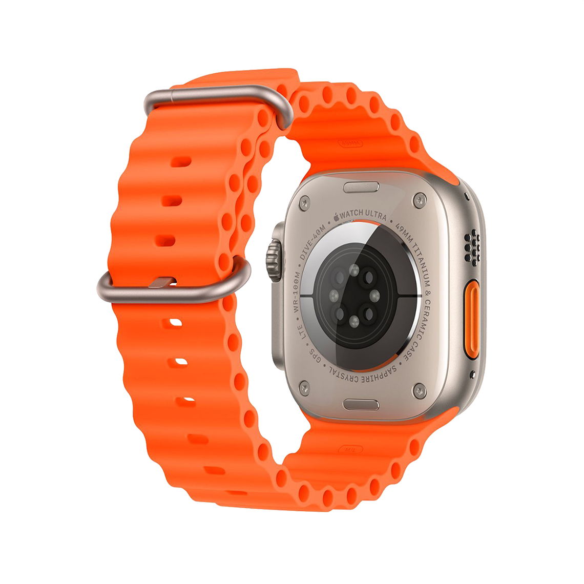 Apple Watch Ultra 2 Titanium with Orange Ocean Band rear view