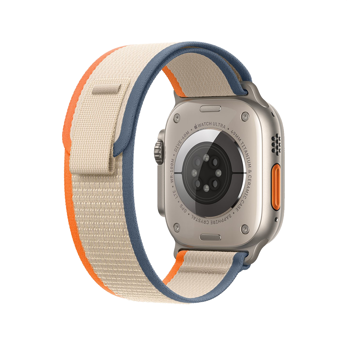 Apple Watch Ultra 2 Titanium with Orange Beige Trail Loop rear view