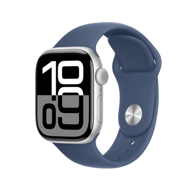 Apple Watch Series 10 Silver with Denim Sport Band side view