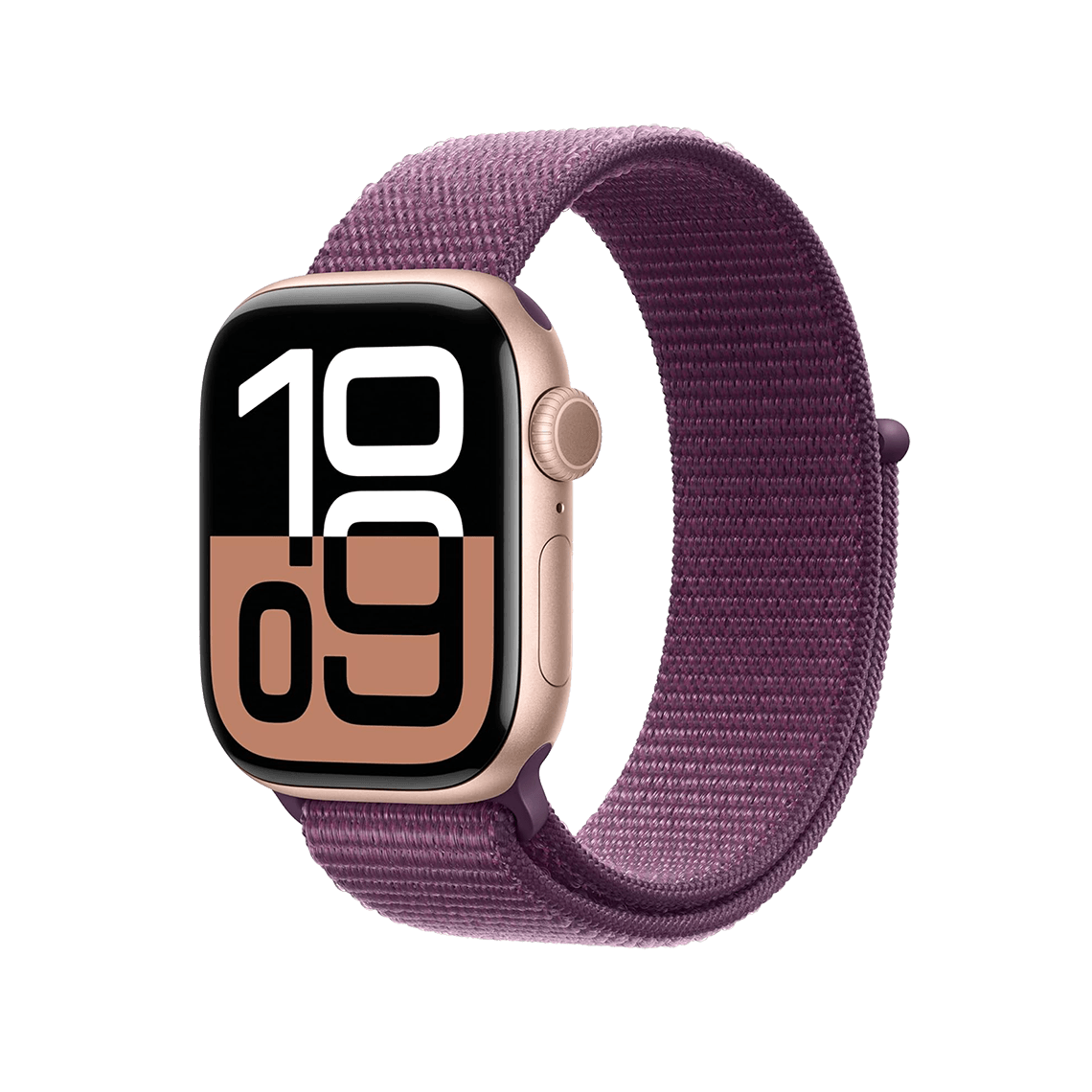 Apple Watch Series 10 Rose Gold with Plum Sport Loop side view