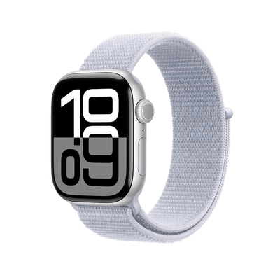 Apple Watch Series 10 Silver with Blue Cloud Sport Loop side view