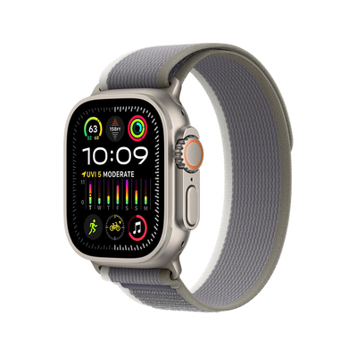 Apple Watch Ultra 2 Titanium with Green Gray Trail Loop side view