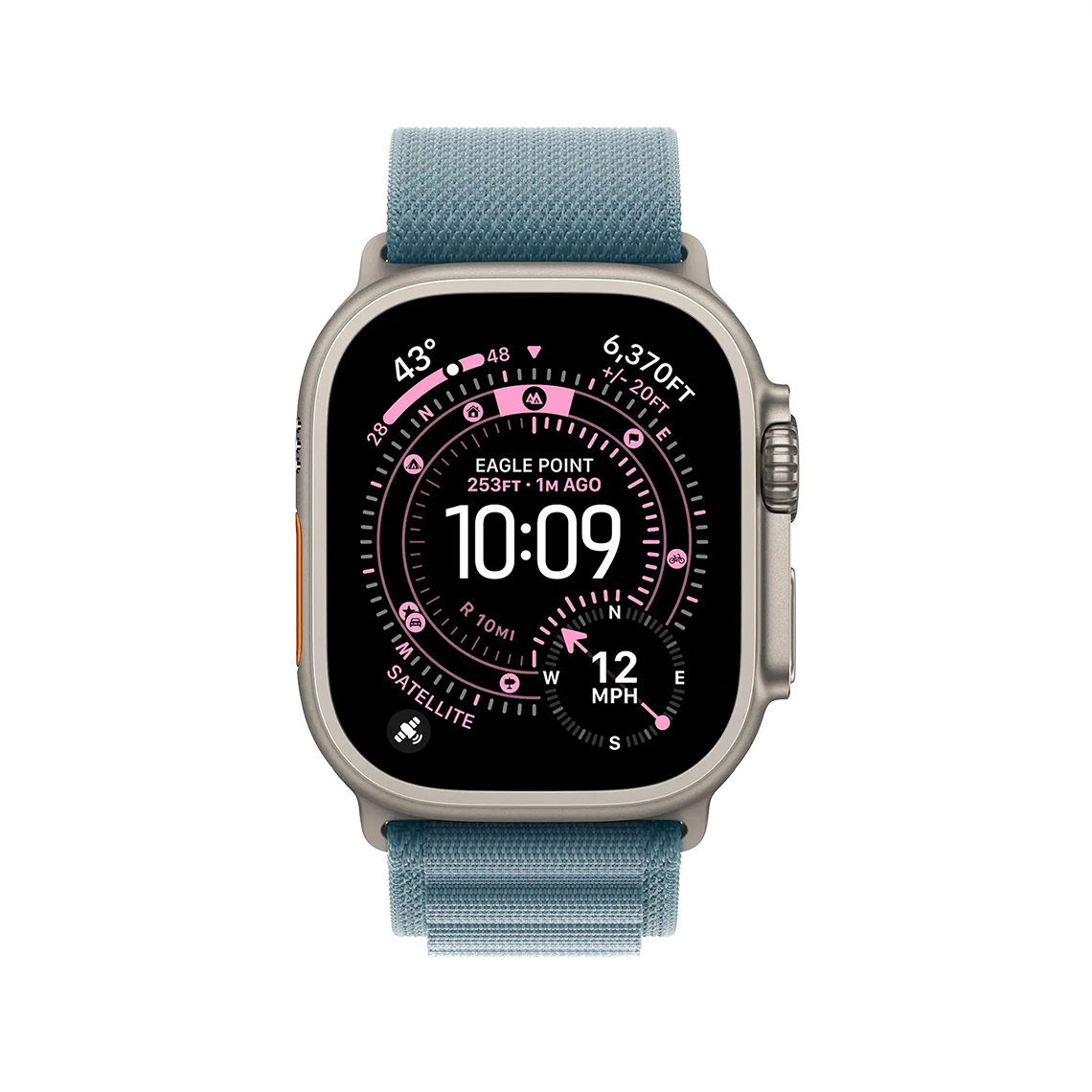 Apple Watch Ultra 2 Natural Titanium with Light Blue Alpine Loop front view