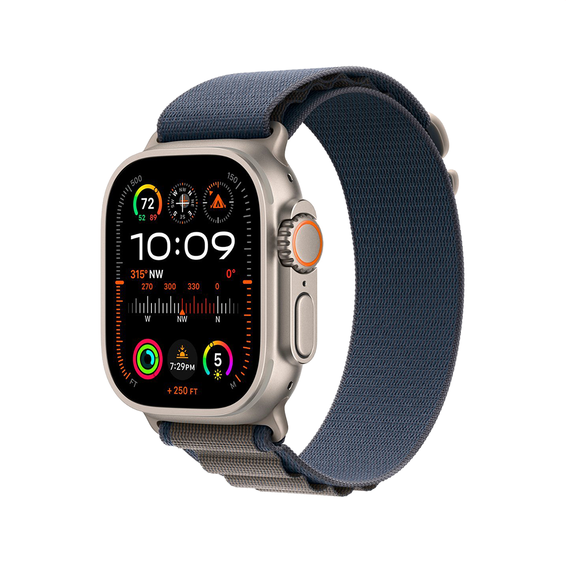 Apple Watch Ultra 2 Titanium with Blue Alpine Loop side view