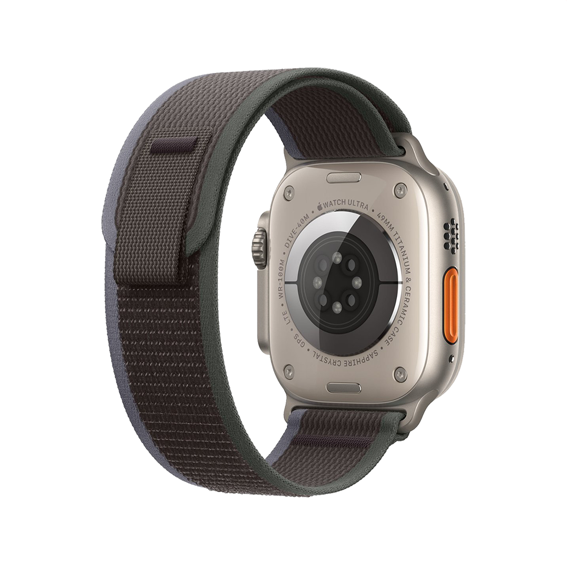 Apple Watch Ultra 2 Titanium with Blue Black Trail Loop rear view