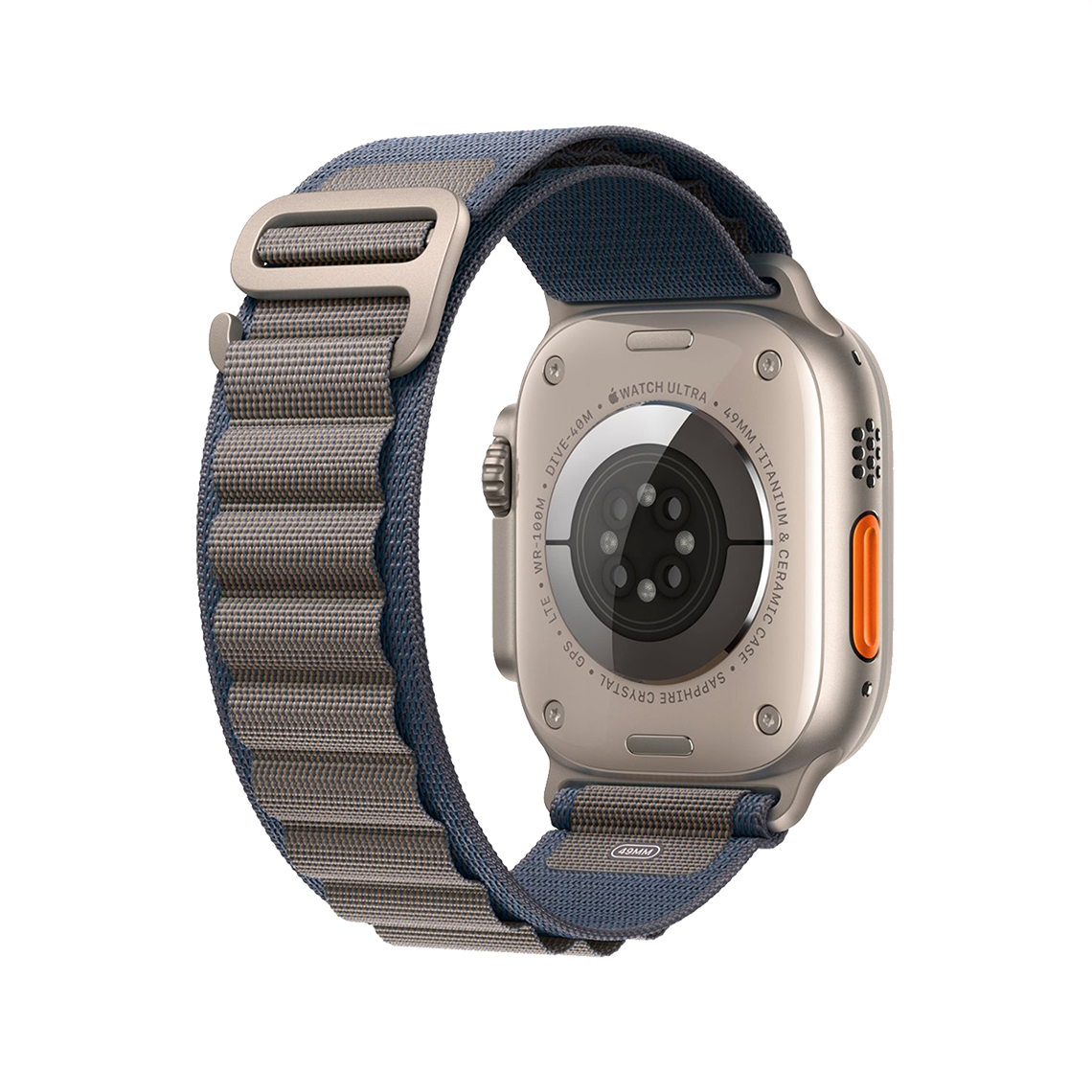 Apple Watch Ultra 2 Titanium with Blue Alpine Loop rear view