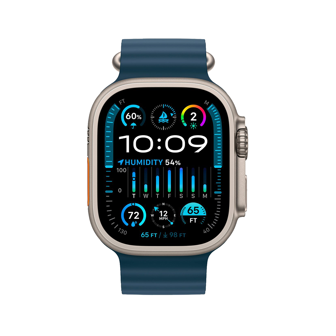 Apple Watch Ultra 2 Titanium with Blue Ocean Band front view