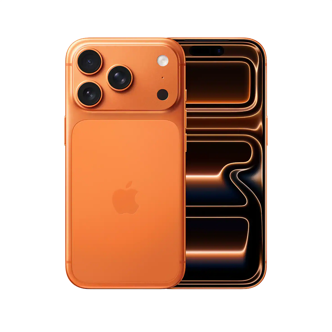 The Apple iPhone 17 Pro cosmic orange color with front and rear view