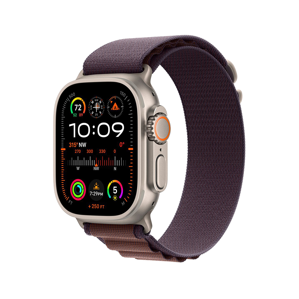 Apple Watch Ultra 2 Titanium with Indigo Alpine Loop side view