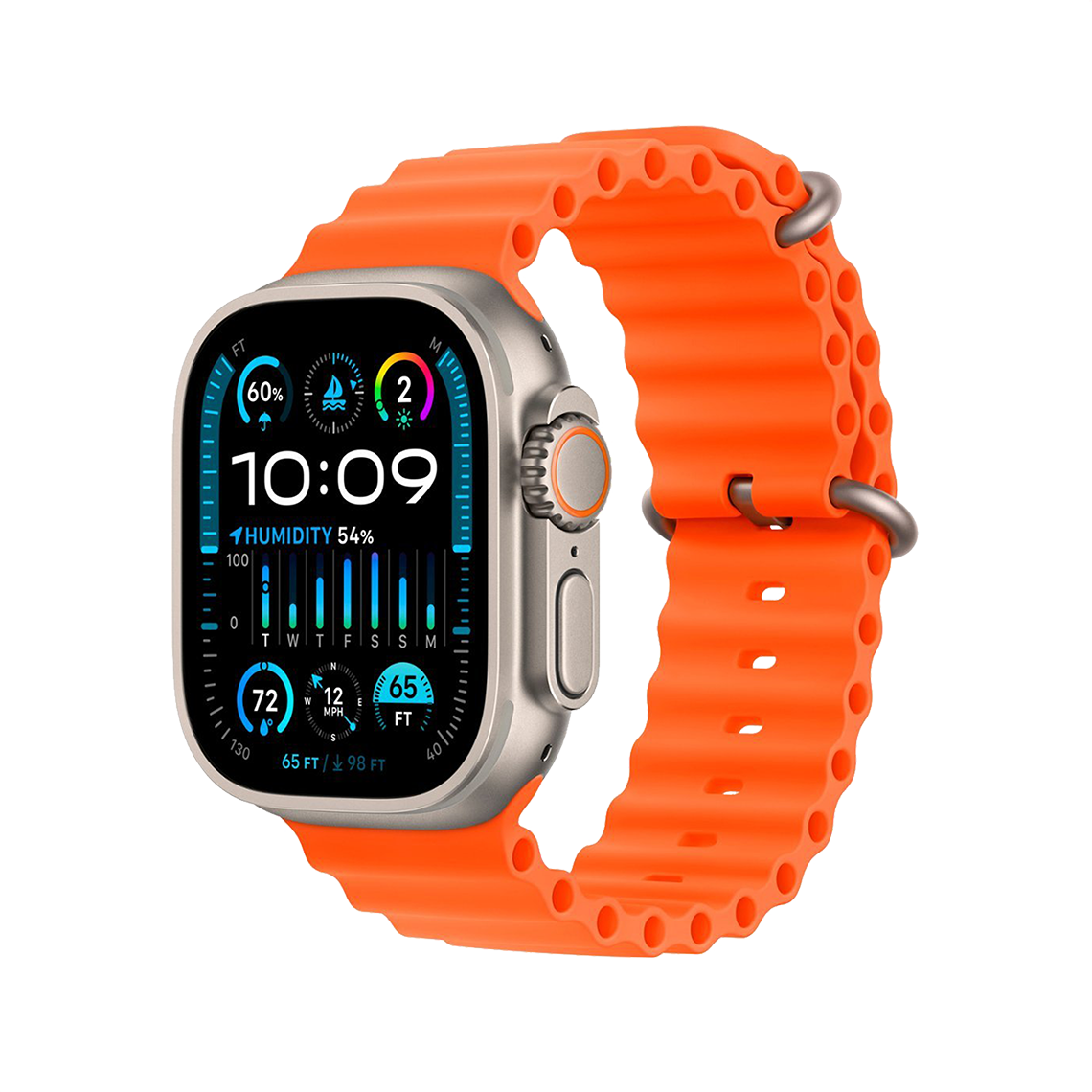 Apple Watch Ultra 2 Titanium with Orange Ocean Band side view