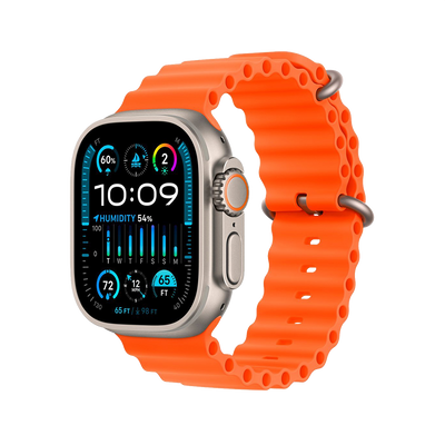Apple Watch Ultra 2 Titanium with Orange Ocean Band side view