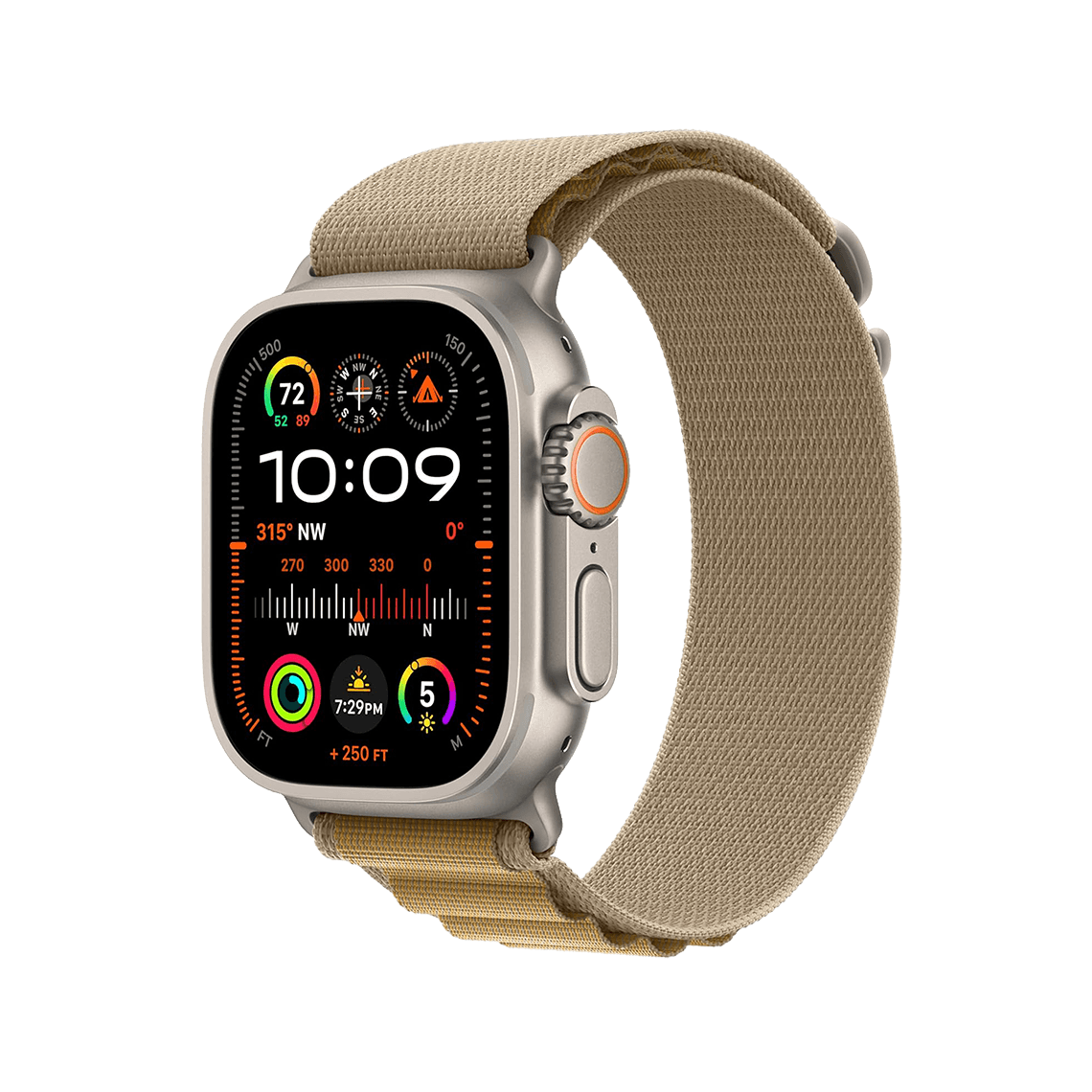 Apple Watch Ultra 2 Titanium with Tan Alpine Loop side view