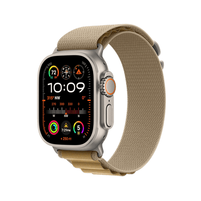 Apple Watch Ultra 2 Titanium with Tan Alpine Loop side view