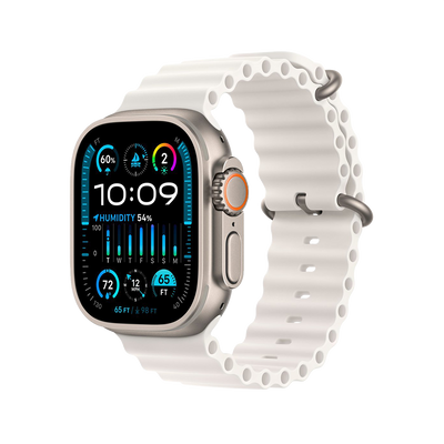 Apple Watch Ultra 2 Titanium with White Ocean Band side view