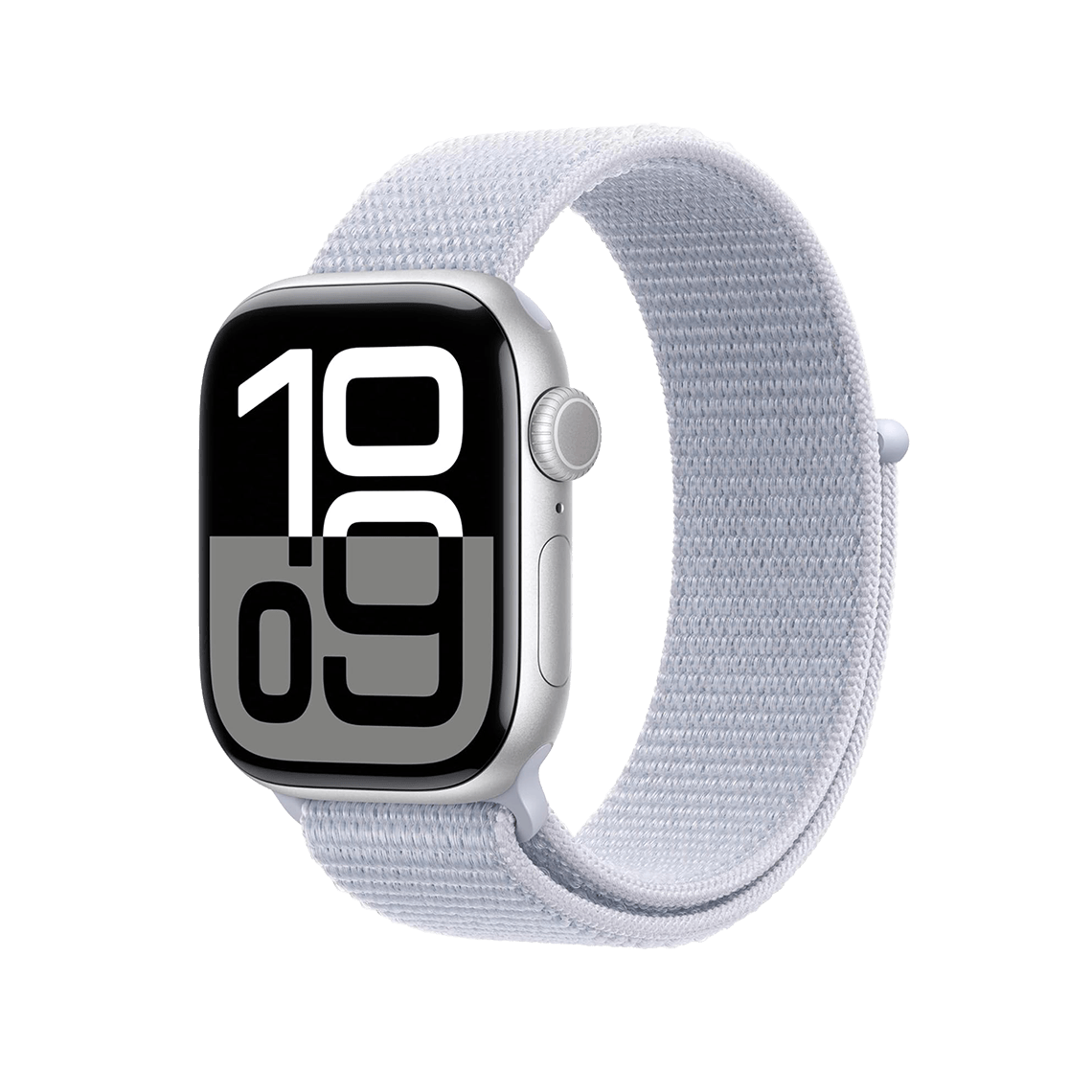 Apple Watch Series 10 Silver with Blue Cloud Sport Loop side view