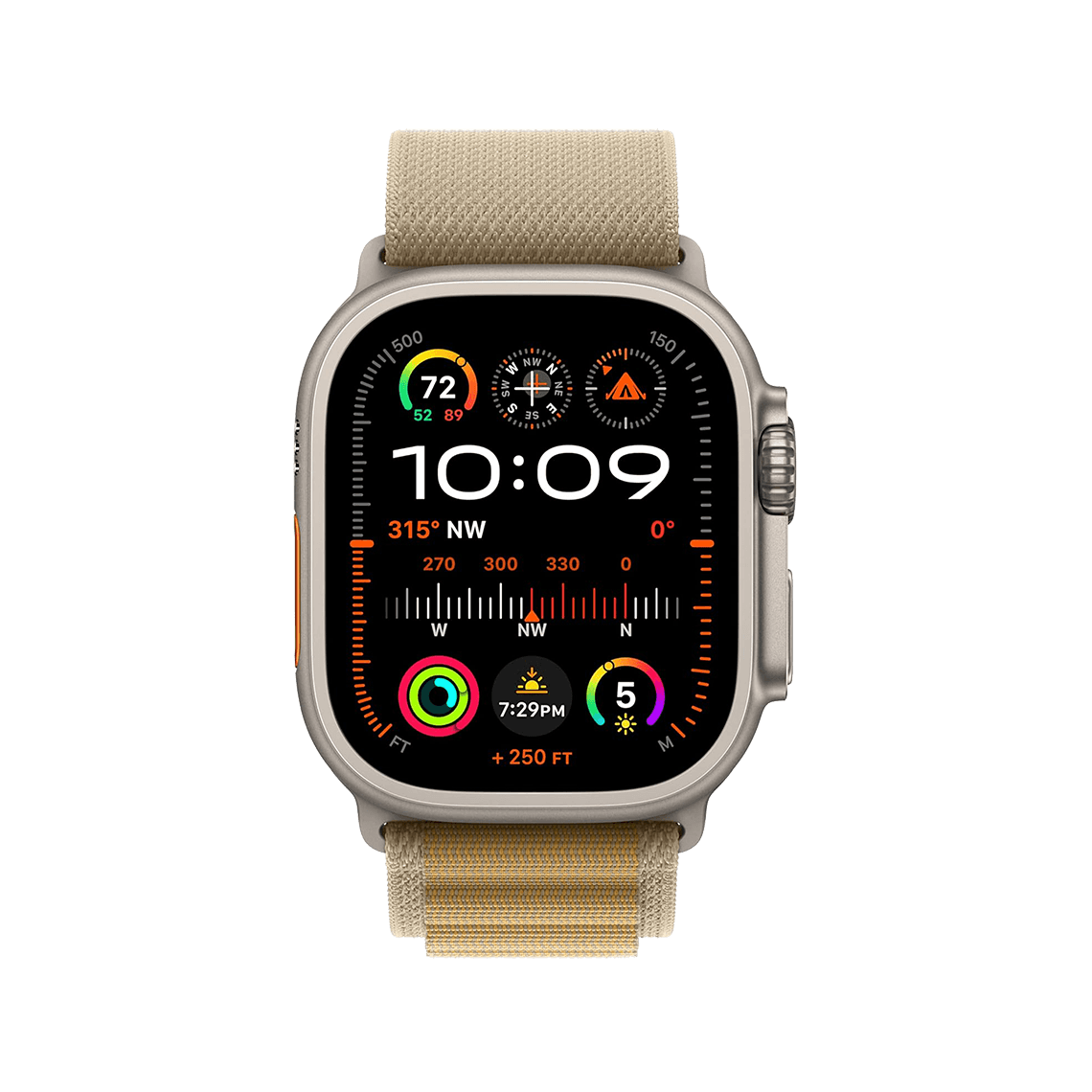 Apple Watch Ultra 2 Titanium with Tan Alpine Loop front view