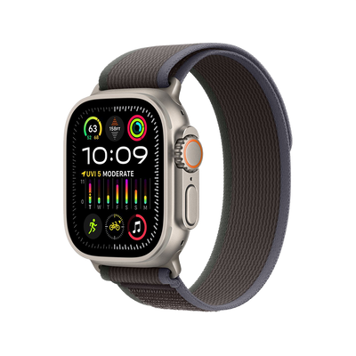 Apple Watch Ultra 2 Titanium with Blue Black Trail Loop side view