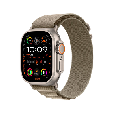 Apple Watch Ultra 2 Titanium with Olive Alpine Loop side view