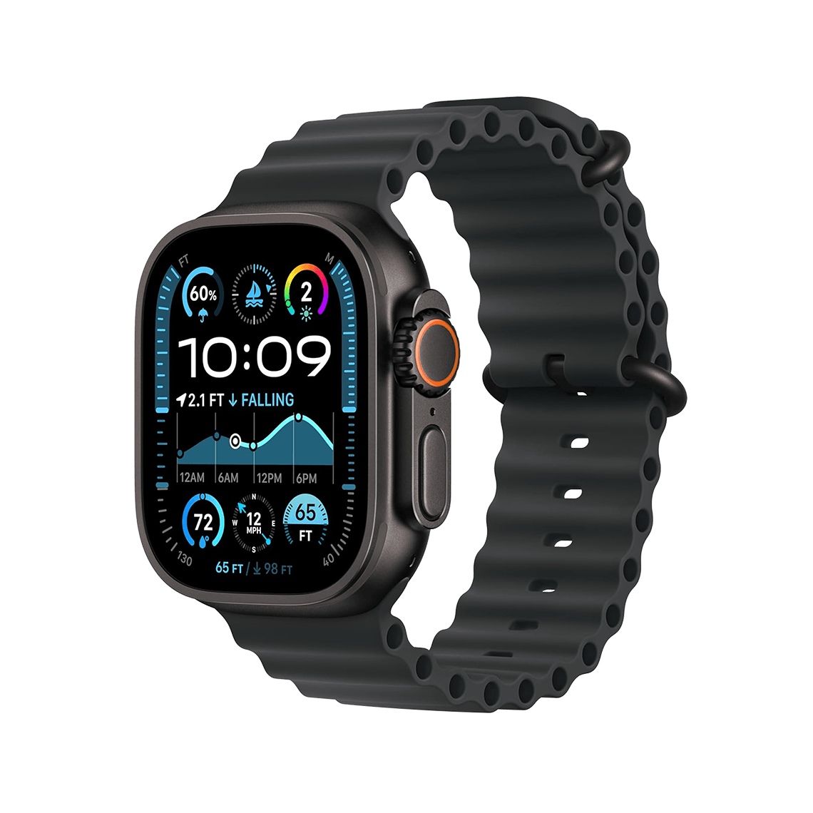 Apple Watch Ultra 2 Black Titanium with Black Ocean Band side view