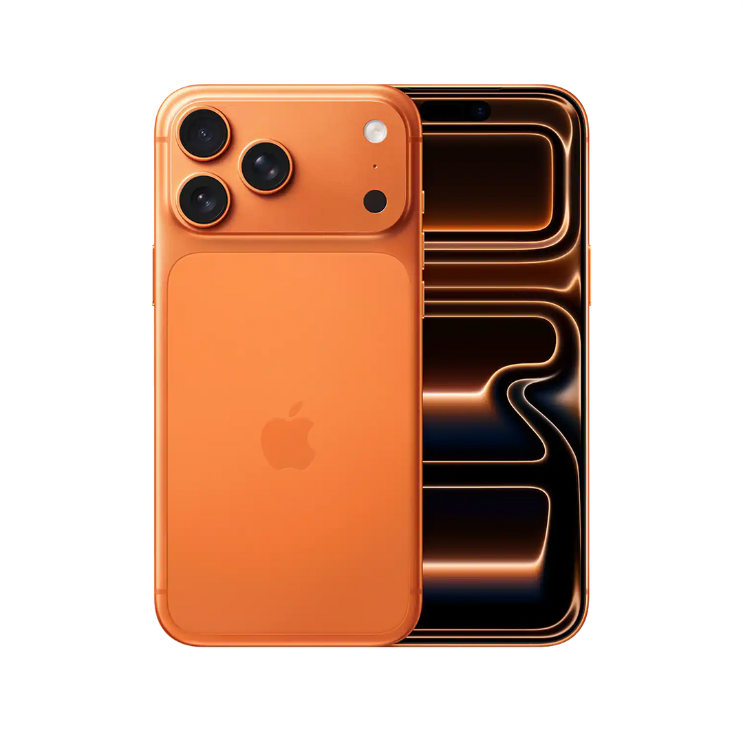 The Apple iPhone 17 Pro Max cosmic ornage color with front and rear view
