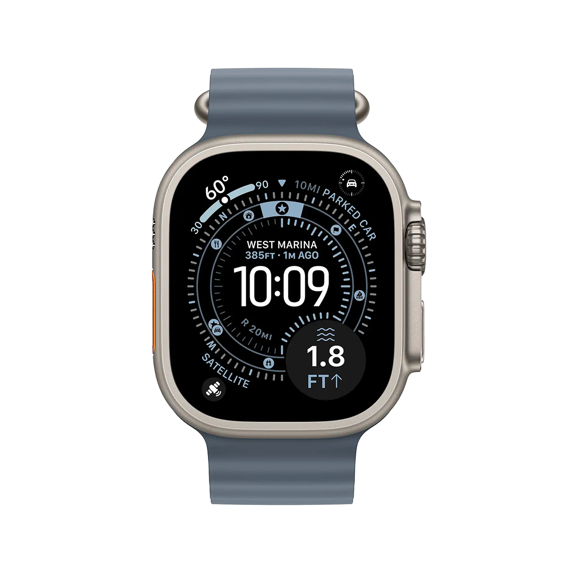 Apple Watch Ultra 2 Natural Titanium with Anchor Blue Ocean Band front view