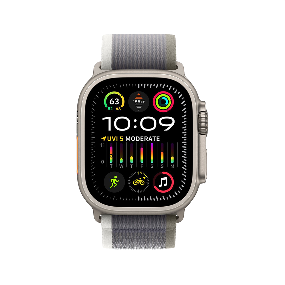Apple Watch Ultra 2 Titanium with Green Gray Trail Loop front view