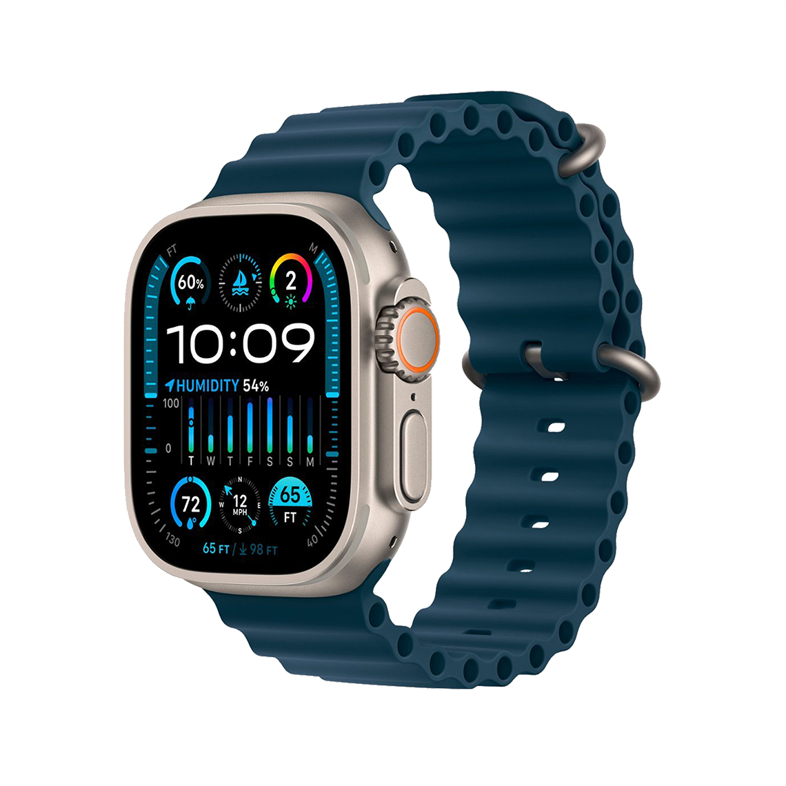 Apple Watch Ultra 2 Titanium with Blue Ocean Band side view