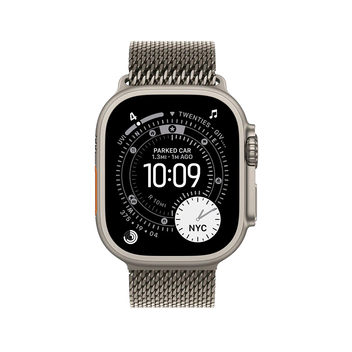 Apple Watch Ultra 2 Natural Titanium with Natural Titanium Milanese Loop front view