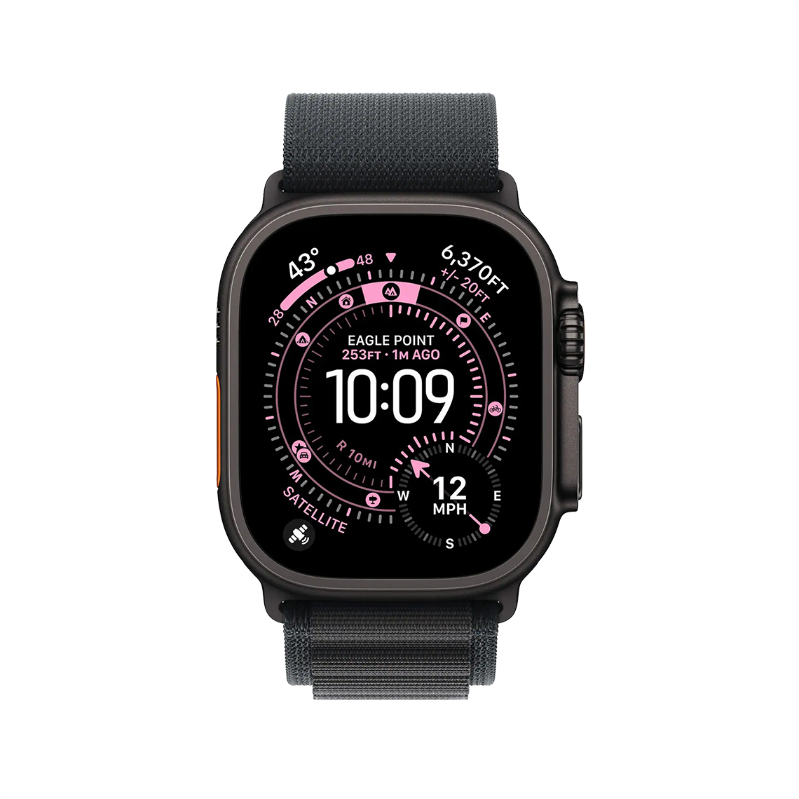 Apple Watch Ultra 2 Black Titanium with Black Alpine Loop front view