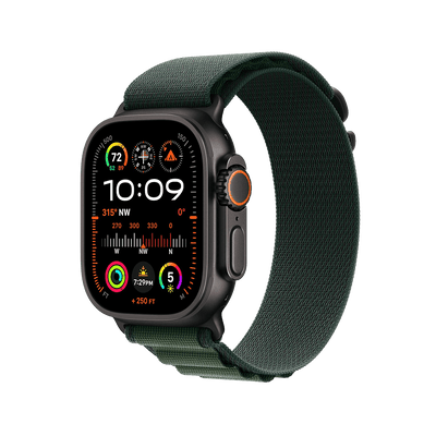 Apple Watch Ultra 2 Black Titanium with Dark Green Alpine Loop side view