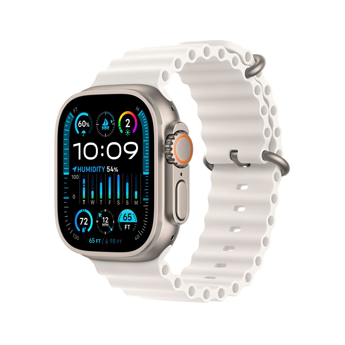 Apple Watch Ultra 2 Titanium with White Ocean Band side view