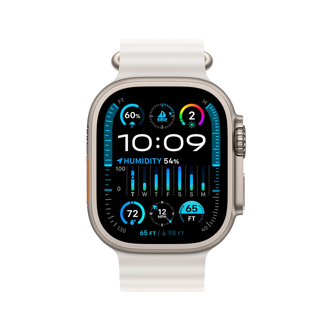 Apple Watch Ultra 2 Titanium with White Ocean Band front view