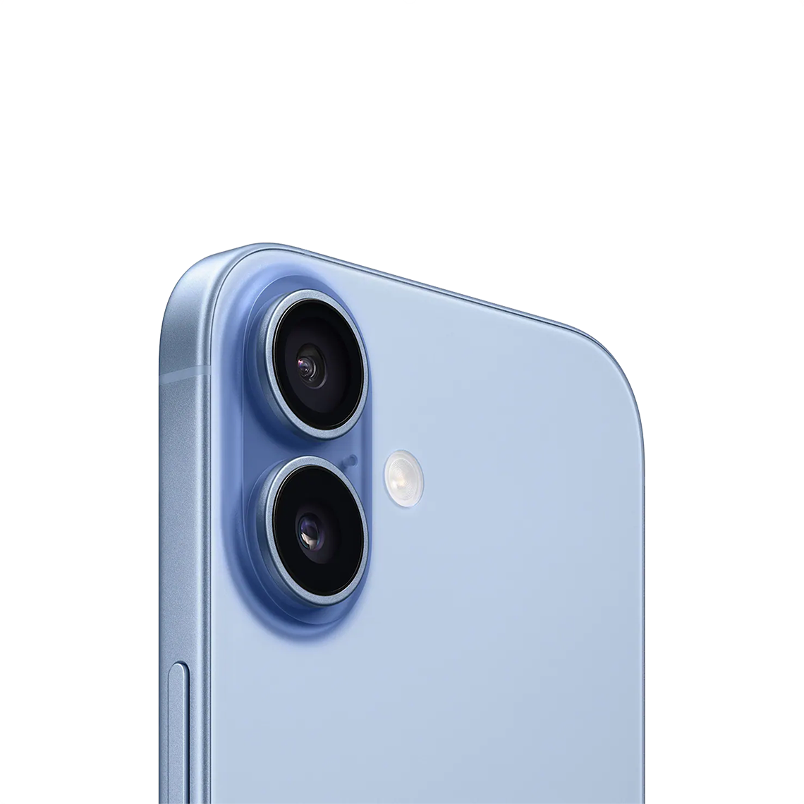 The Apple iPhone 17 mist blue color close-up view of the back and camera