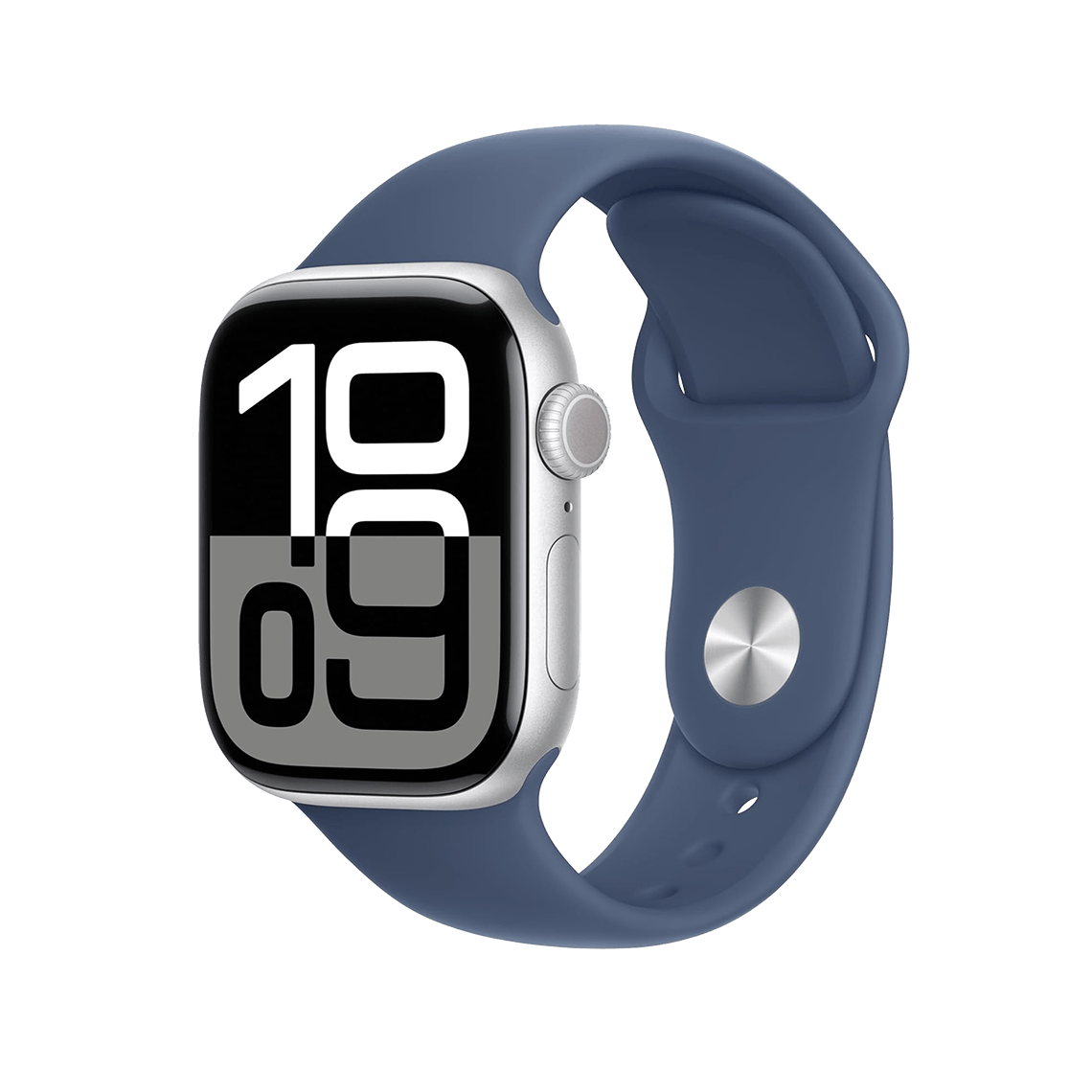 Apple Watch Series 10 Silver with Denim Sport Band side view