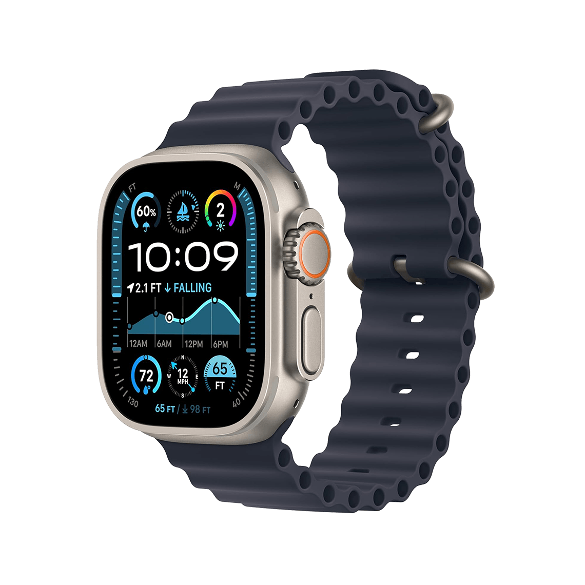 Apple Watch Ultra 2 Titanium with Navy Ocean Band side view