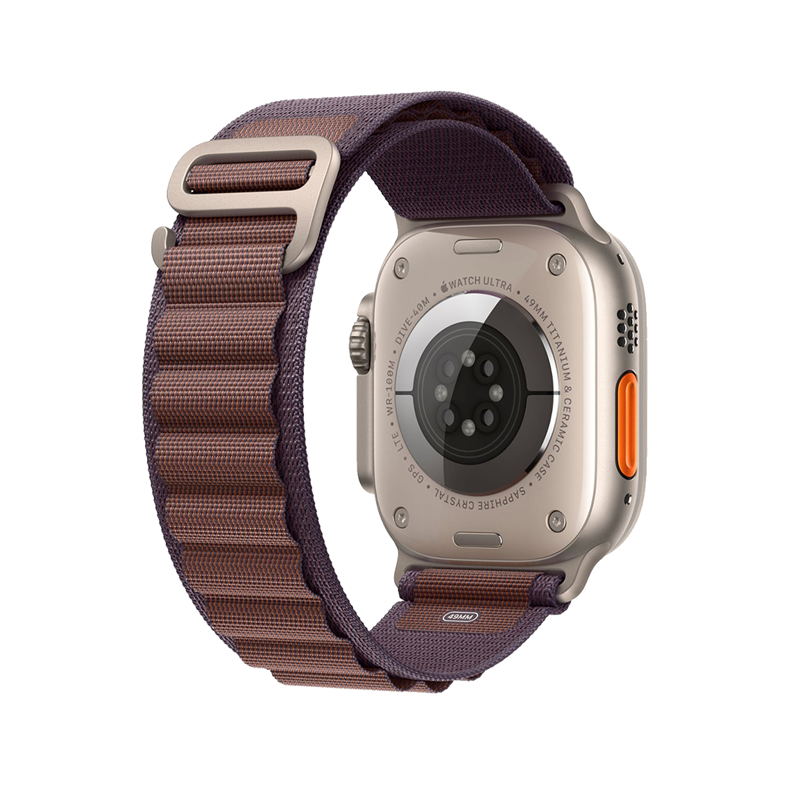Apple Watch Ultra 2 Titanium with Indigo Alpine Loop rear view