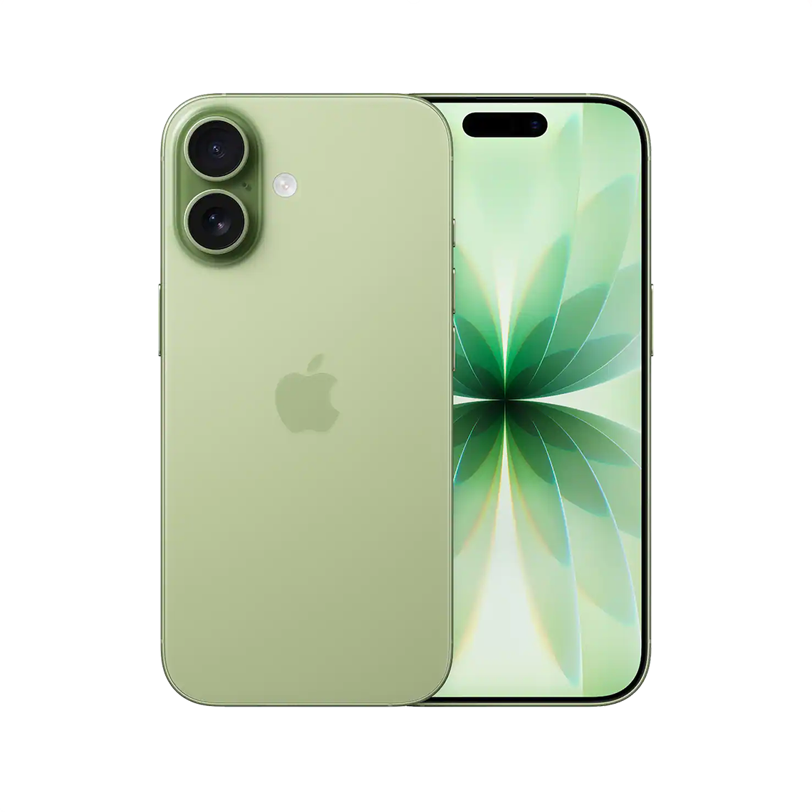 The Apple iPhone 17 sage color with front and rear view
